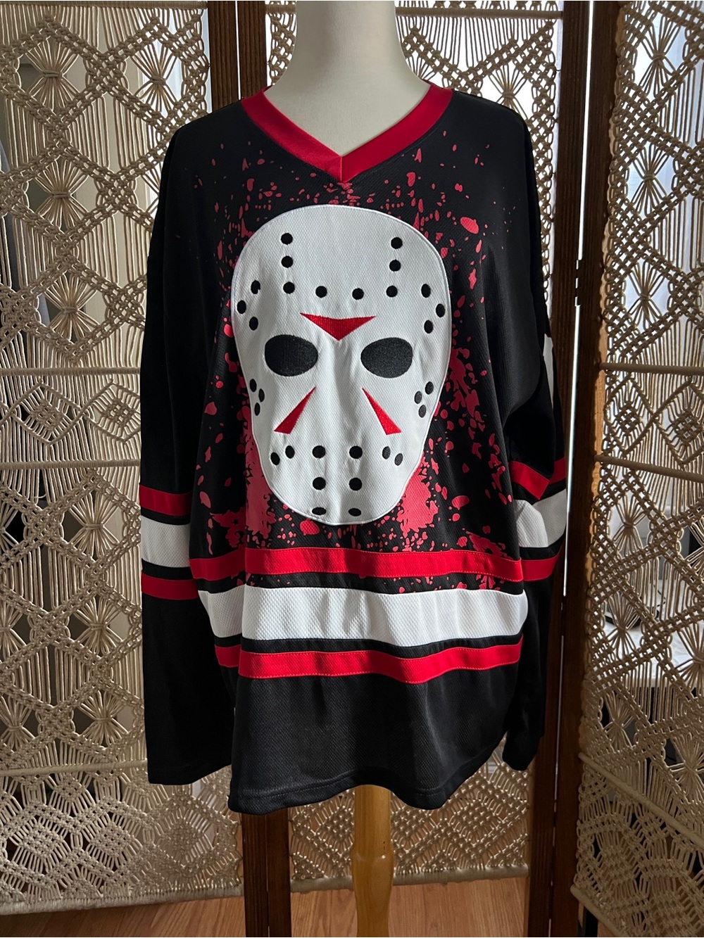 Black and Red Jason Vorhees Halloween Friday the 13th Hockey Style Pullover